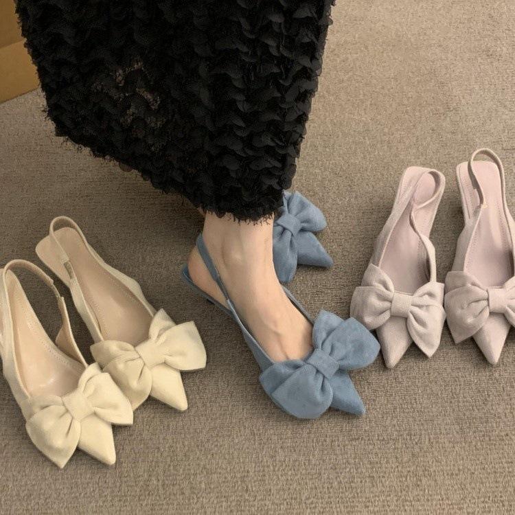

Suede bow bag head sandals women s shoes spring and summer new kitten heel empty pointed single shoes 35 абрикосовий