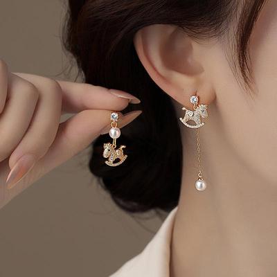 18k Gold Plated Asymmetrical Horse & Pearl Tassel Earrings with Zirconia