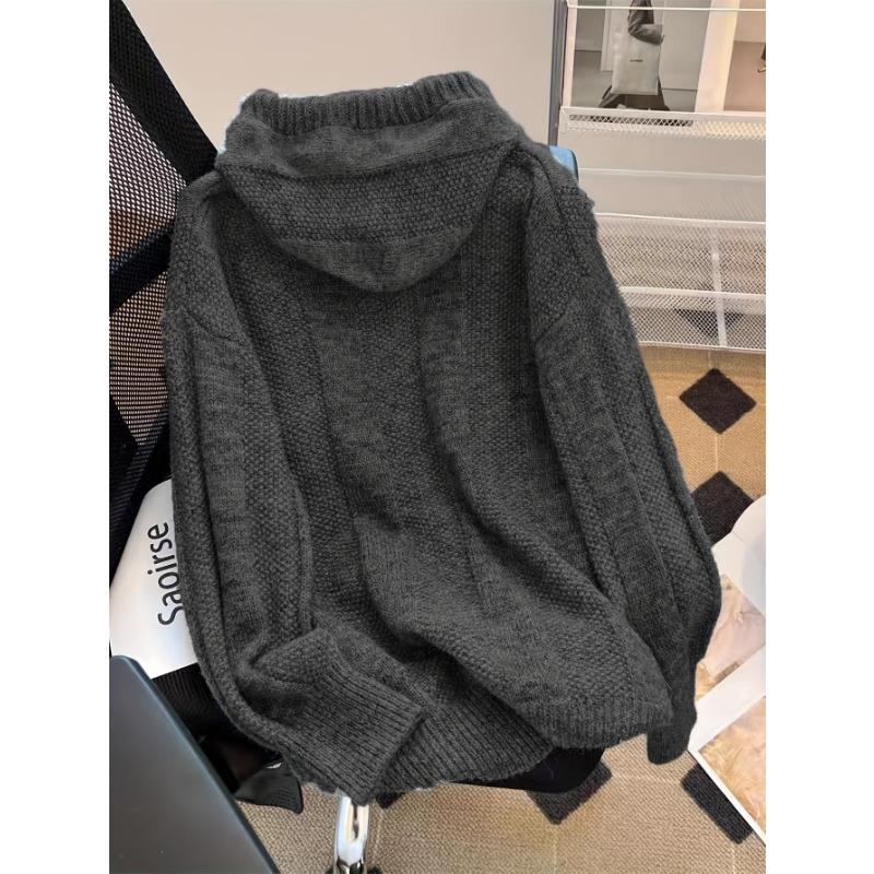 Korean Knitted Hooded Sweater Women Fall Winter Long Sleeved Warm Buttons Loose Pullover Solid Harajuku Lazy Sprots Sweatshirt