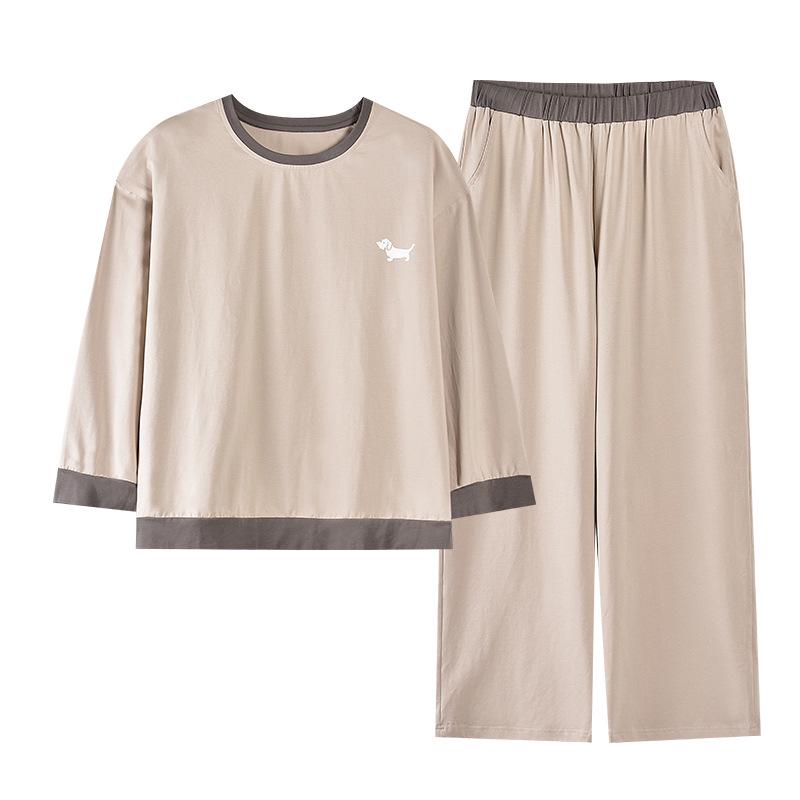 Damen Pyjama-Set aus gerippter Baumwolle - Langarm, lange Hose, sportlich-lässig, Herbststil, auch draußen tragbar