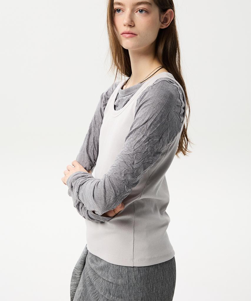 MIDNLOW Crinkle Long Sleeve T-Shirts (Grey)