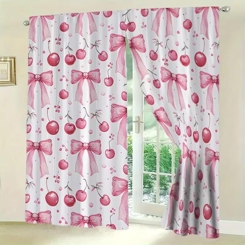 2 ks Růžové třešňové závěsy s mašlí Kawaii Sladký potisk Světlo filtrující závěsy Roztomilá dívčí domácí dekorace do ložnice obývacího pokoje