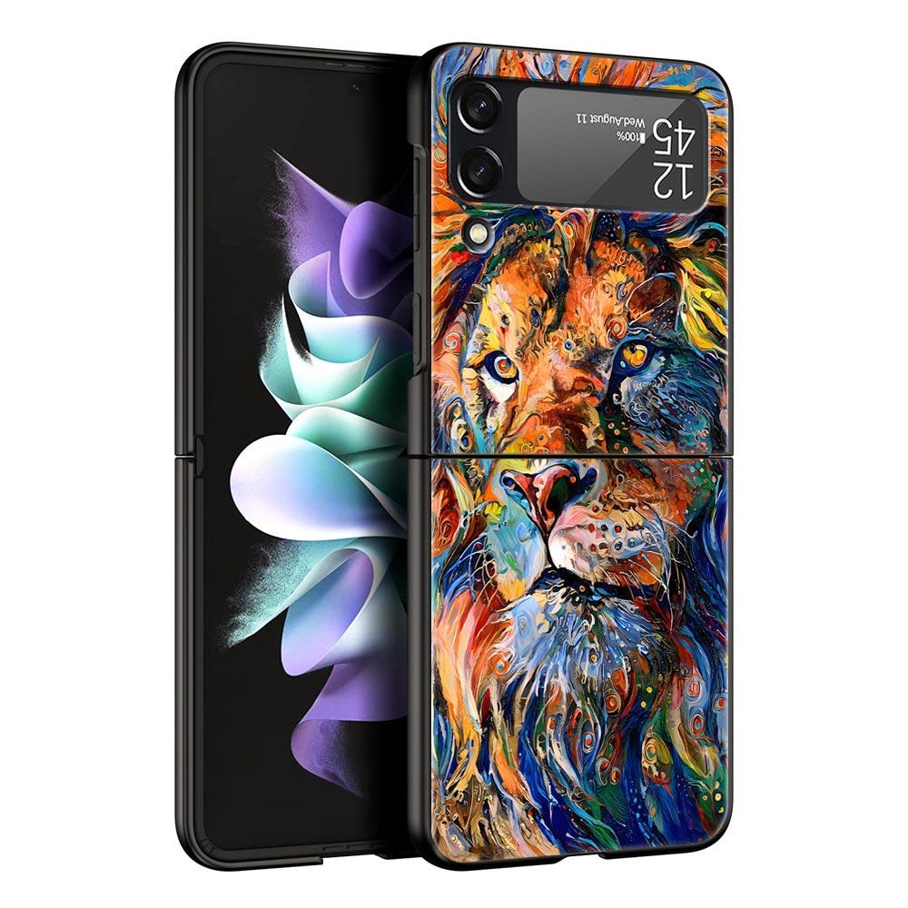 Abstract Surreal Animal Lion Phone Case for Samsung Galaxy Z Flip 3 4 5 Black Folding Mobile Shell Hard PC Coque Protect Cover