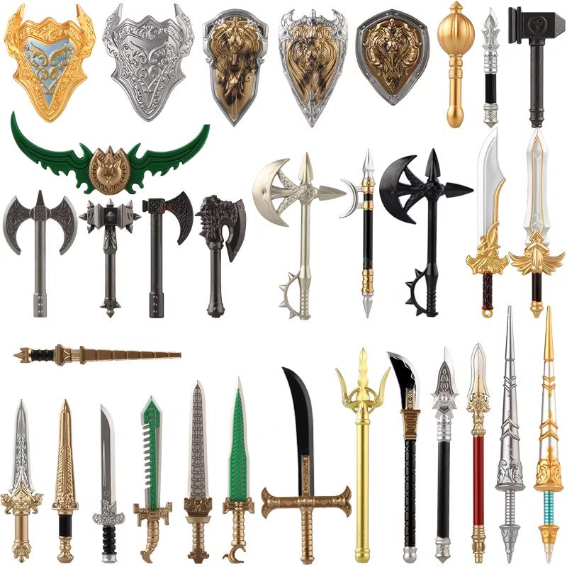 Medieval Military Solider Figure Weapon Accessory Sets Building Blocks Crusader Knight Armor Warrior Shield Sword Flag Brick Toy