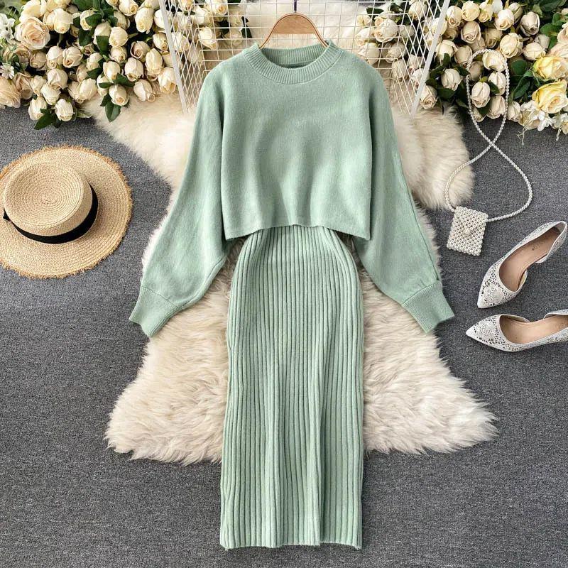 Autumn/Winter Chic Turtleneck Batwing Sweater & V-Neck Dress Set