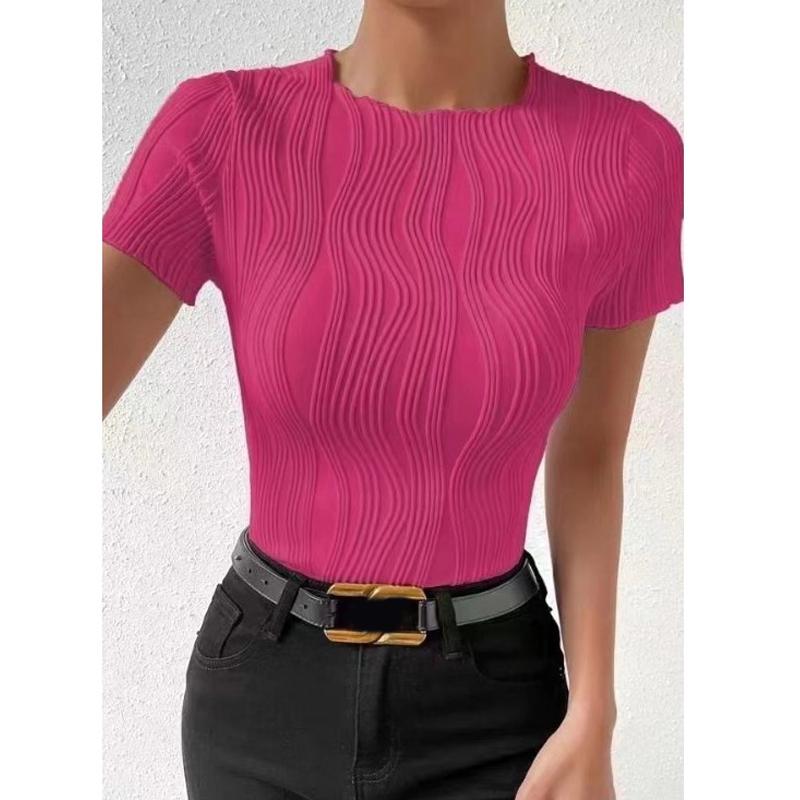 Summer Fashion Round Neck Short Sleeve Women Office Blouse New Solid Color Stripes Wavy Elegant Simple Shirt Casual Ladies Top Women's Clothing