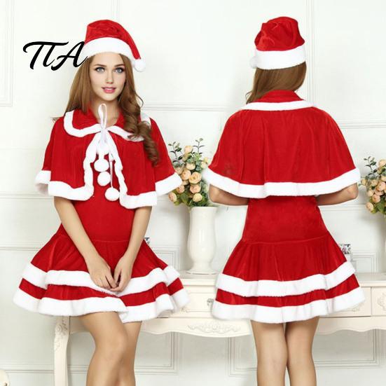 Velvet Festival Clothing Women Christmas Santa Claus Outfit, Cosplay Costume with Dress, Character Suit Hat & Shawl, Xmas Party Mini Sleeveless Dress