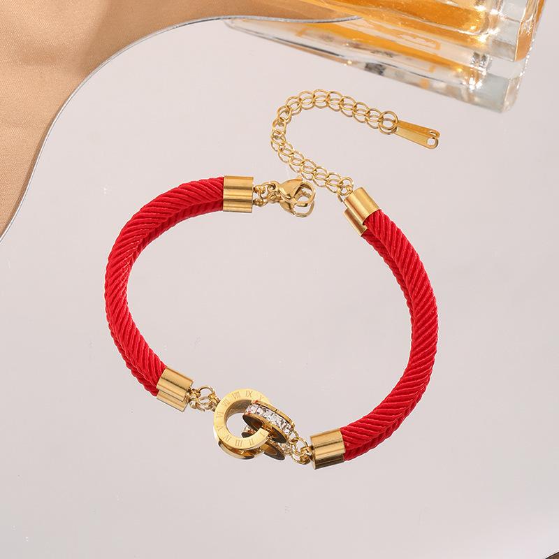 Stainless Steel Bracelets Roman Number Interlock Circle Braided Lucky Red Rope Fashion Charm Bracelet For Women Zircon Gifts