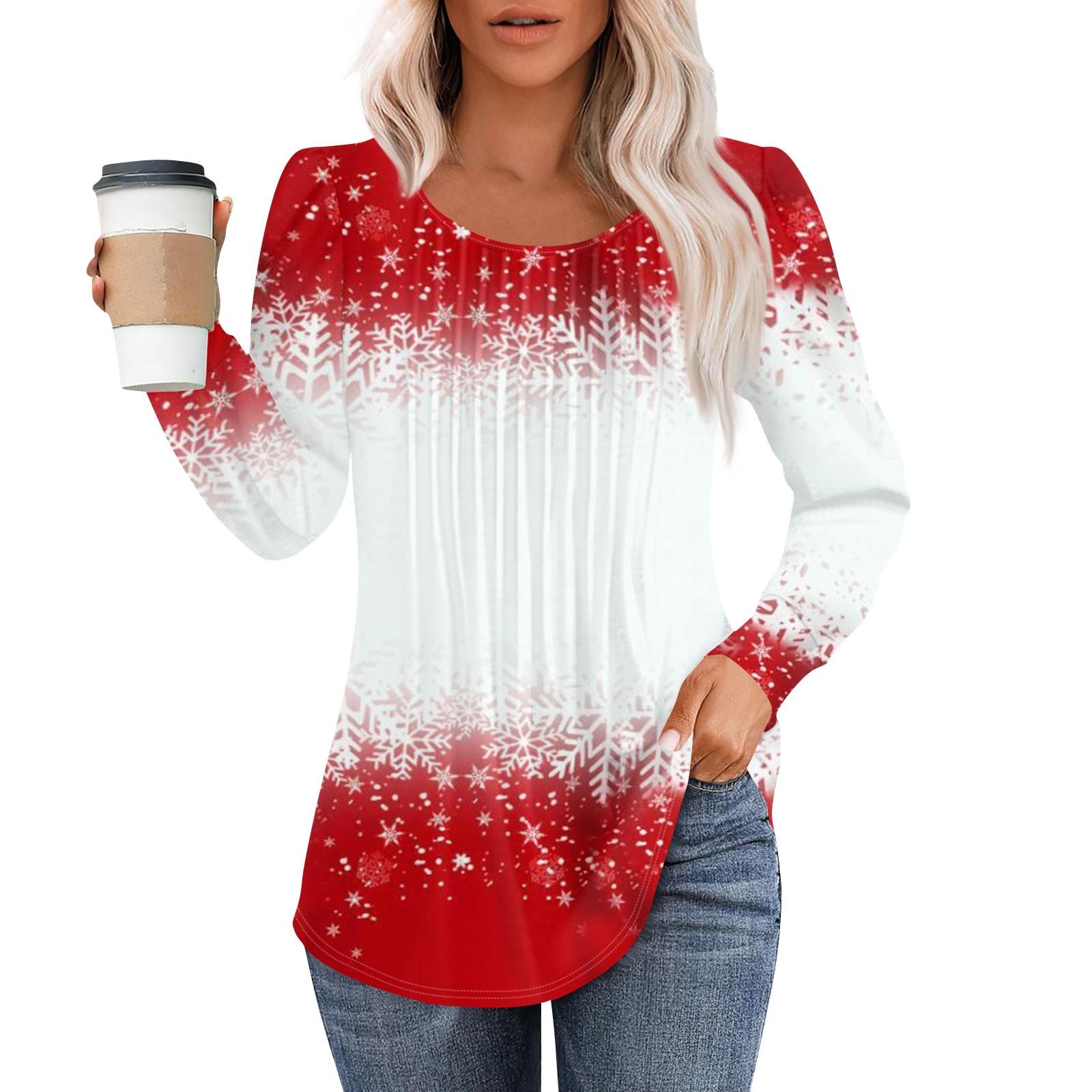 

Женская модная повседневная плиссированная футболка с круглым вырезом и рождественским принтом с длинными рукавами S белый