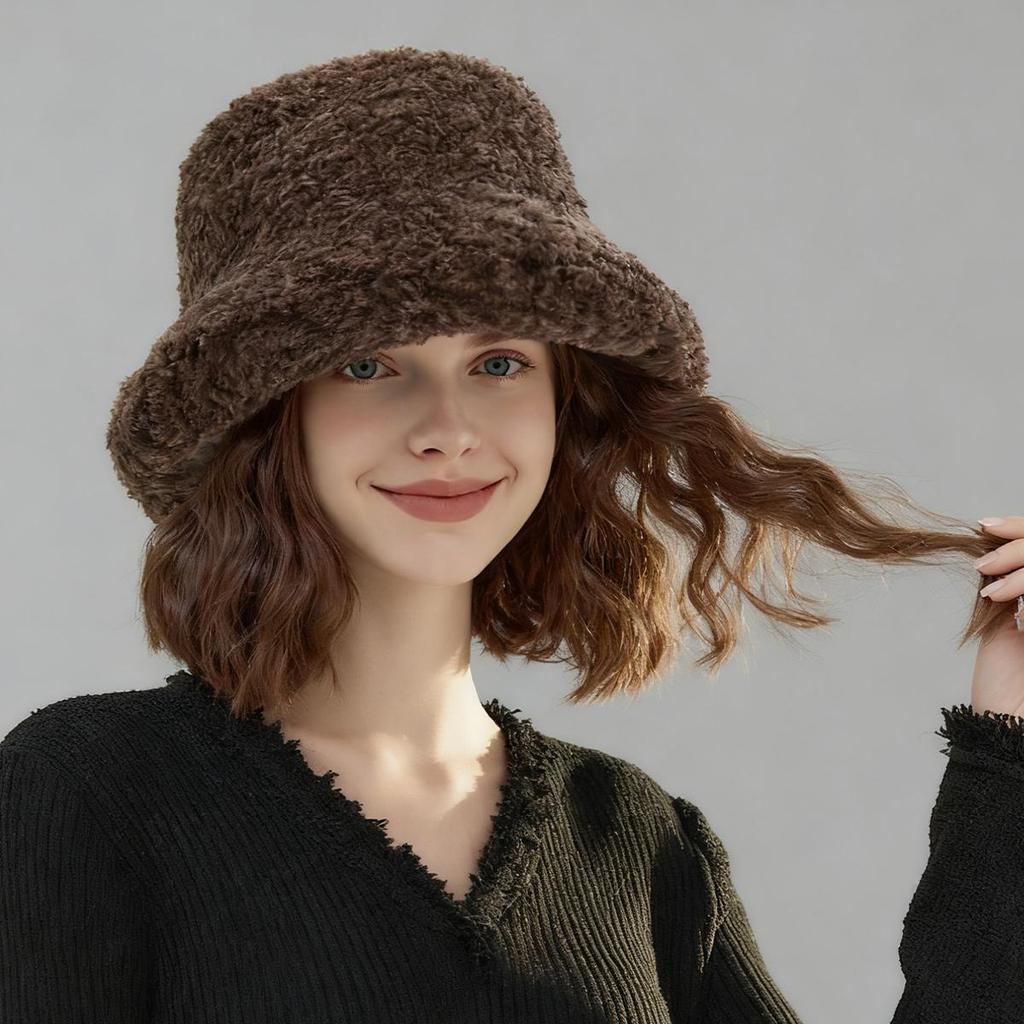 Women's Winter Faux Shearling Bucket Hat, Thickened Windproof Fluffy Fisherman Cap, Warm Cozy Outdoor Hat for Fall Winter