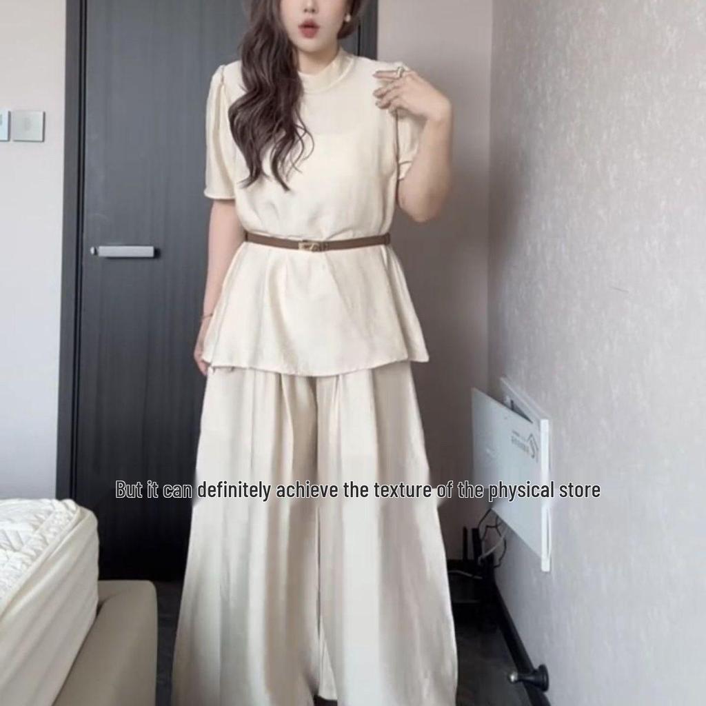 Plus Size Chic French Style Summer Suit: Short Sleeve Top & Wide-Leg Pants Set