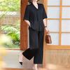 High End Middle-aged Women Pants Suit Female Solid V-Neck Shirt And Wide Leg Pants Sets Mother Outfit