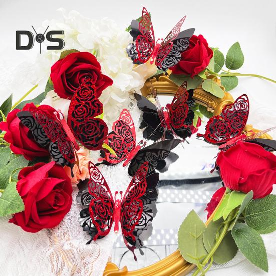 6ks/sada 3D samolepka na zeď motýl Odnímatelné lepidlo Dvojvrstvý motýl Nástěnné umění Dekorativní nálepka Domov Kancelář Obývací pokoj Valentýnská párty