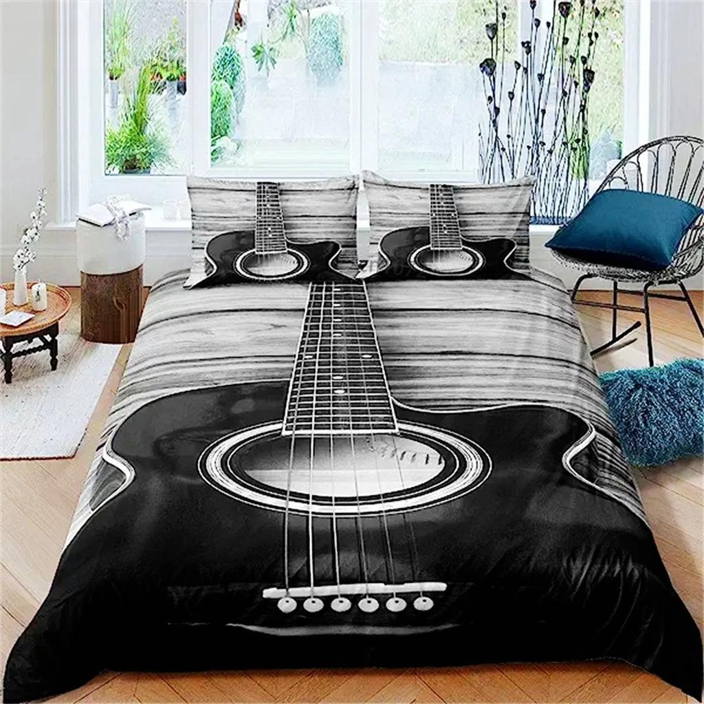 3D Rock Music Themed Guitar Colorful Duvet Cover Fire And Water Bedding Set Modern Gorgeous Microfiber Polyester For Boy Gifts