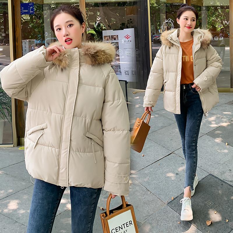 Women's Autumn Winter Hooded Solid Color Fur Collar Pocket Parka Zipper Loose Short Cotton Coat