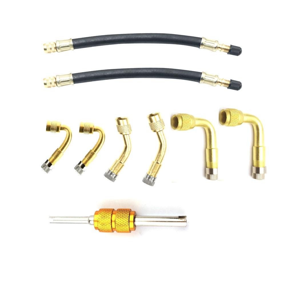 Set of 9 Brass Tire Inflation Extension Rods and Metal Air Connector Adapter for Tubeless Valve Use On Cars and Motorcycles