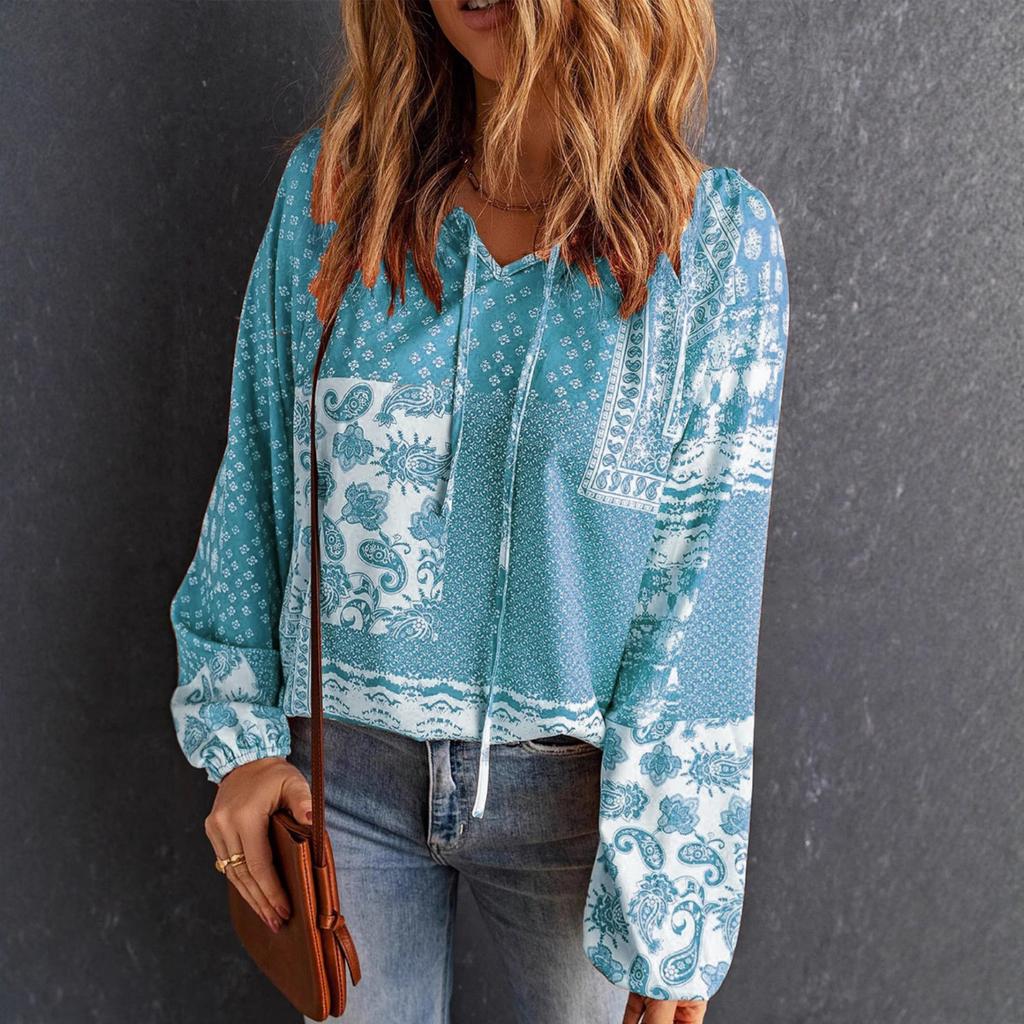 Women V Neck Casual Long Sleeve Floral Print Blouse Loose Fit Lightweight Pullover Top for Everyday Wear