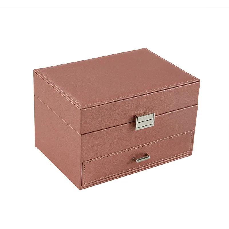 Handgehaltene Schmuckschatulle mit drei Schubladen, Aufbewahrungsbox für Ohrringe, Ringe und Halsketten, Schmuckvitrine aus PU-Leder mit Sicherheitsschlüsselschloss