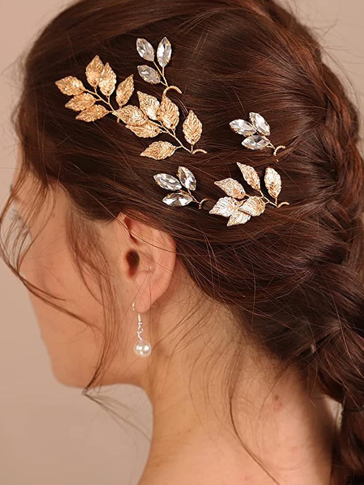 Handmade Pearl Flower Hairpin Gold Color Leaf Shaped Metal Wedding Bride Hair Clips Hair Jewelry Accessories Bride Hair Wear