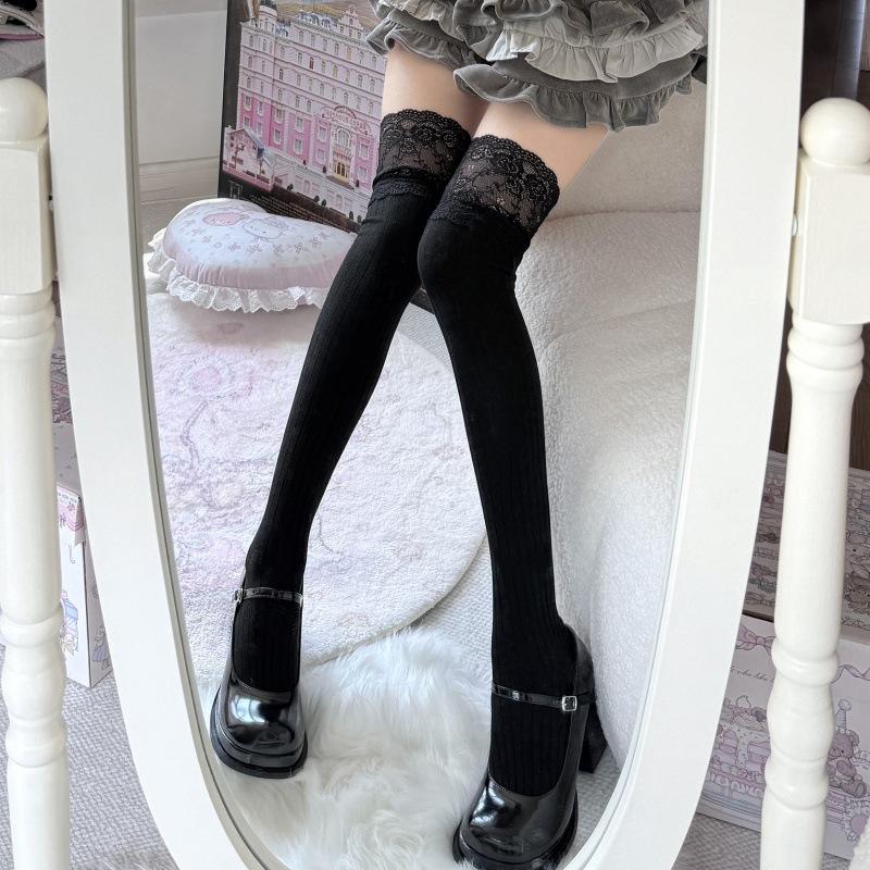 Japanese Lace Lace Knee Socks Vertical Stripe High Tube Bottom Knee Cotton Thigh Socks