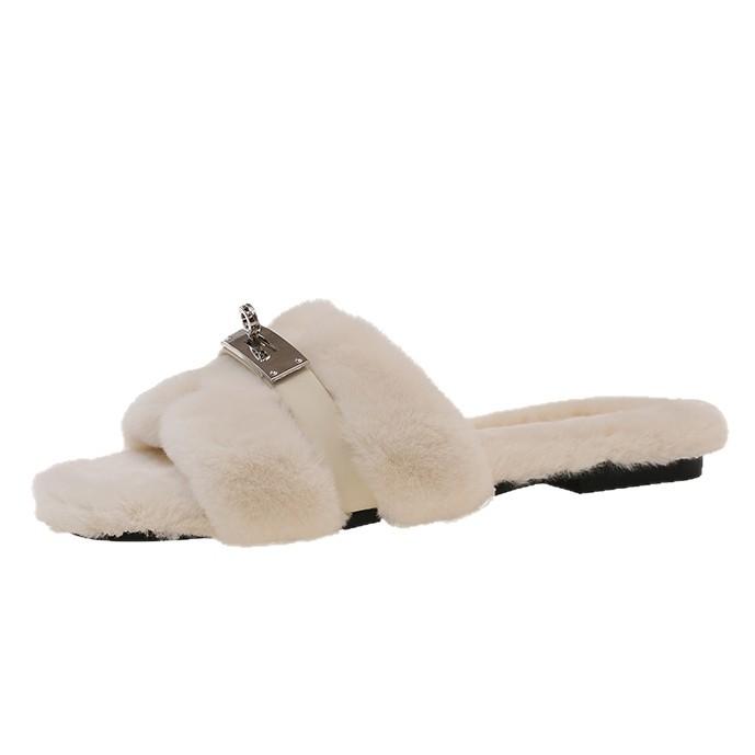Hausschuhe mit Fell Damen 2025 Herbst neu Außen tragen flacher Boden Samt Internet-Berühmtheiten ein Wort Kreuz Metall Schnalle Retro Baumwolle Mopp