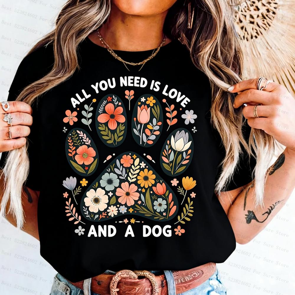 Floral Dog Paw Print TShirt Women Casual Oversized Short Sleeve Tee All You Need Is Love And A Dog Graphic Tops Summer Holiday S
