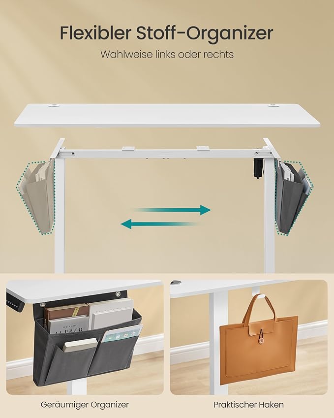 SONGMICS LSD134W01 Height-Adjustable Electric Desk, 60 x 140 x 72–120 cm, Memory Function with 4 Heights, for Home Office, Study, Cloud White