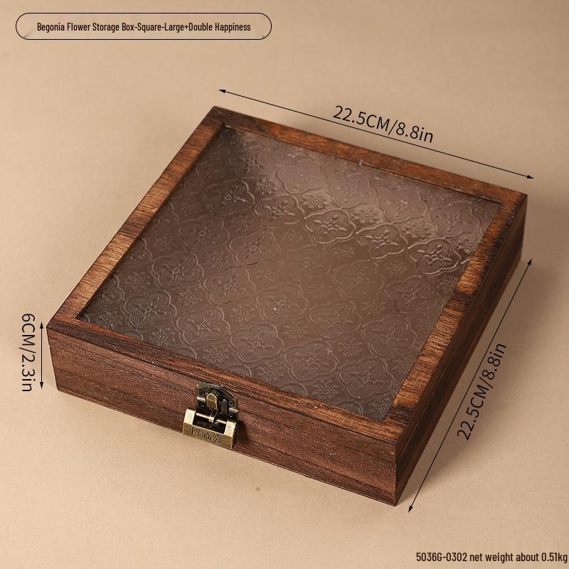 Retro Begonia Glass Lid Wooden Storage Box for Cosmetics, Snacks, Candy, and Documents - Dustproof and Multifunctional