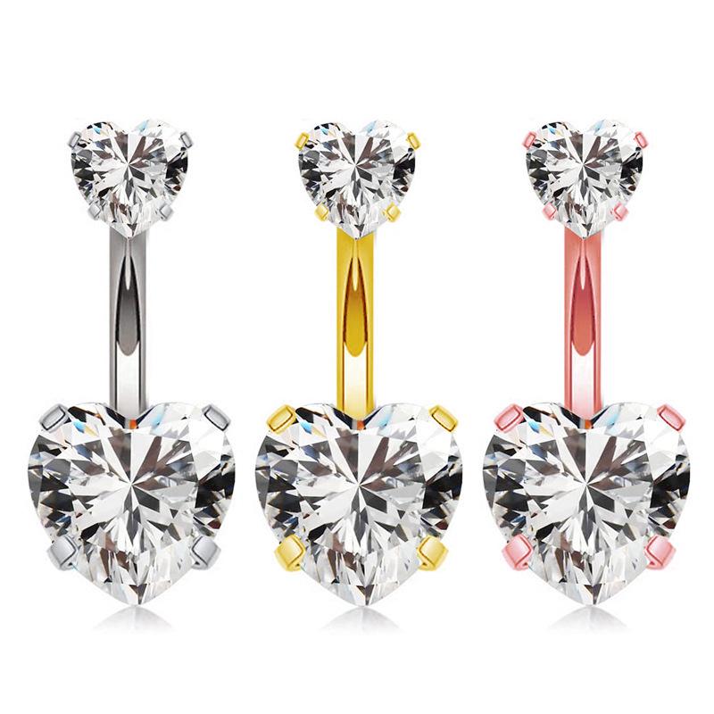 Heart-Shaped Zirconia Double-Head Stainless Steel Navel Ring, 1.6×10mm Piercing Jewelry
