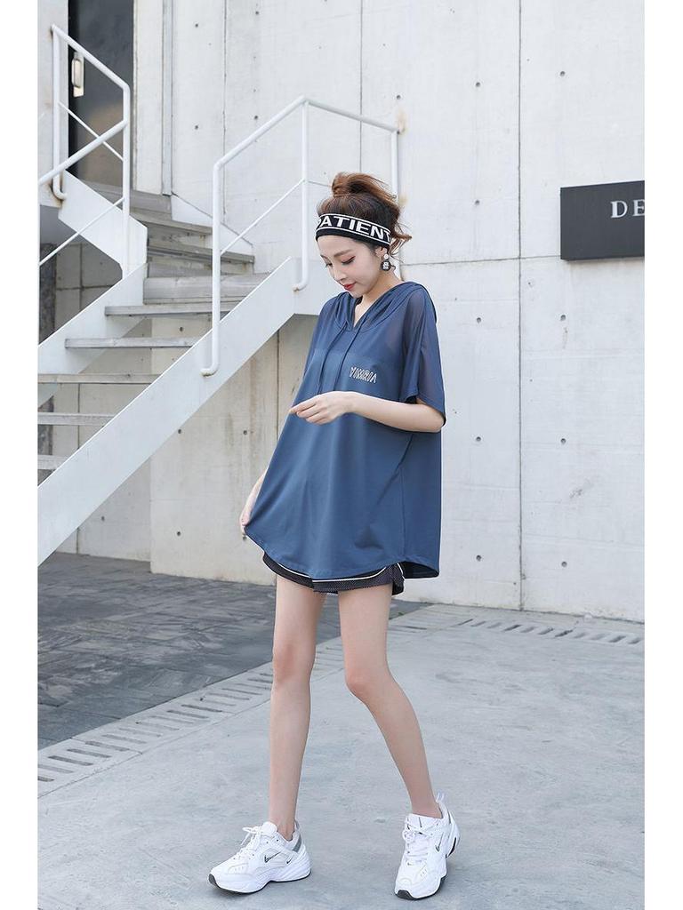 Dámská volná sada s kapucí a krátkým rukávem ve velkých velikostech, rychleschnoucí, na běh a jógu