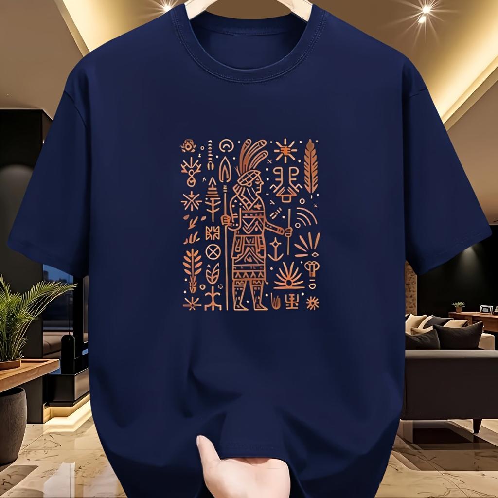 Men Cotton T-Shirt Casual Versatile Base Layer Tee Comfortable Sporty Top with Intricate Tribal Print Design Men Clothing