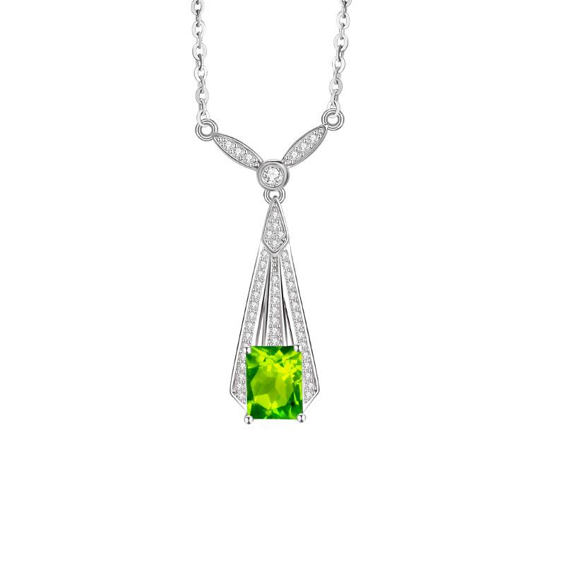S925 Sterling Silver Art Deco Necklace Female Amethyst Peridot Geometric Pendant Light Luxury Clavicle Chain