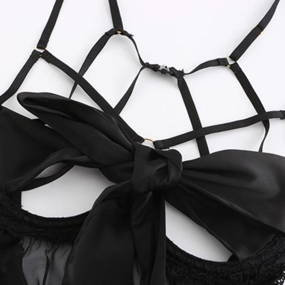 Bowknot Camisole Nightwear Transparent Mesh Nightdress Comfortable Lace Nightgown  Women