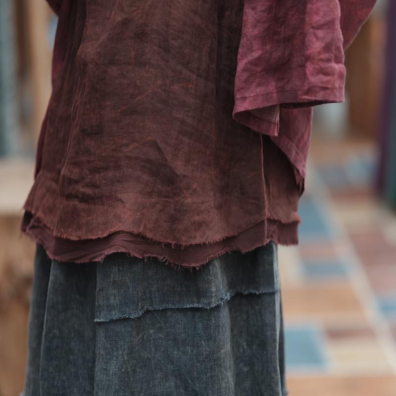 Versatile Ramie Loose Camisole with Frayed Edges - Zen Atmosphere, One Twist Red