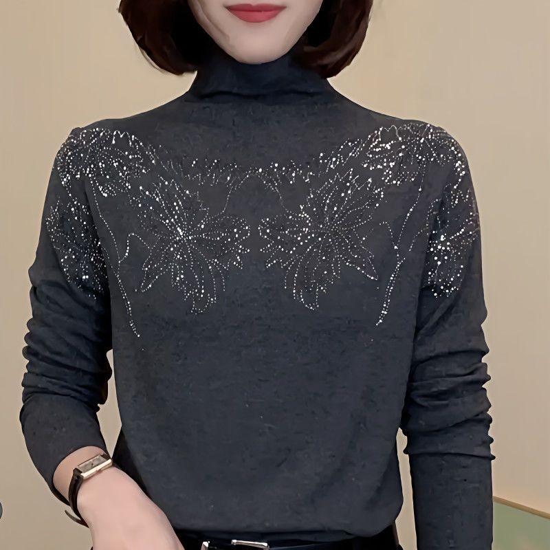 Automne Hiver Velours Allemand Épais Haut de Sous-vêtement Femme Mode Col Roulé Court Strass Chaud Mère d'Âge Moyen Haut à Manches Longues