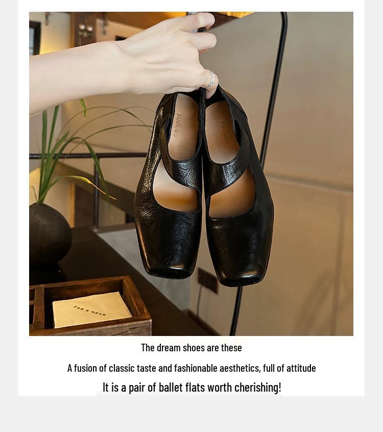 Women's Genuine Leather Ballet Flats, Autumn 2024, Square Toe, Chunky Heel, Vintage Low-Cut Mary Jane Shoes
