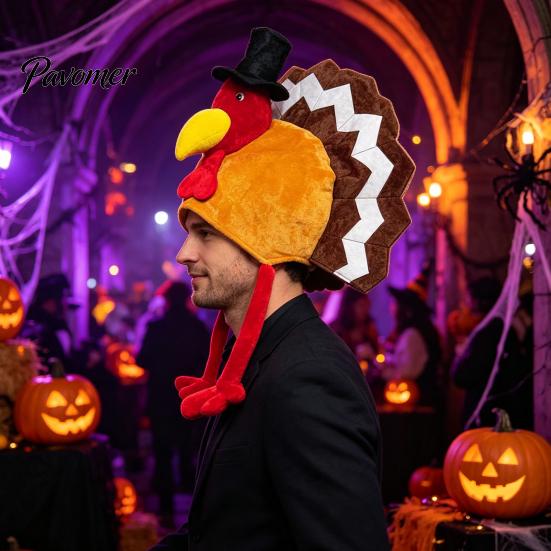 Thanksgiving Costume Accessory Plush Turkey Hat, Funny Trot Unique Decoration Novelty Headpiece for Women Men Holiday Celebration Dinner Outfit