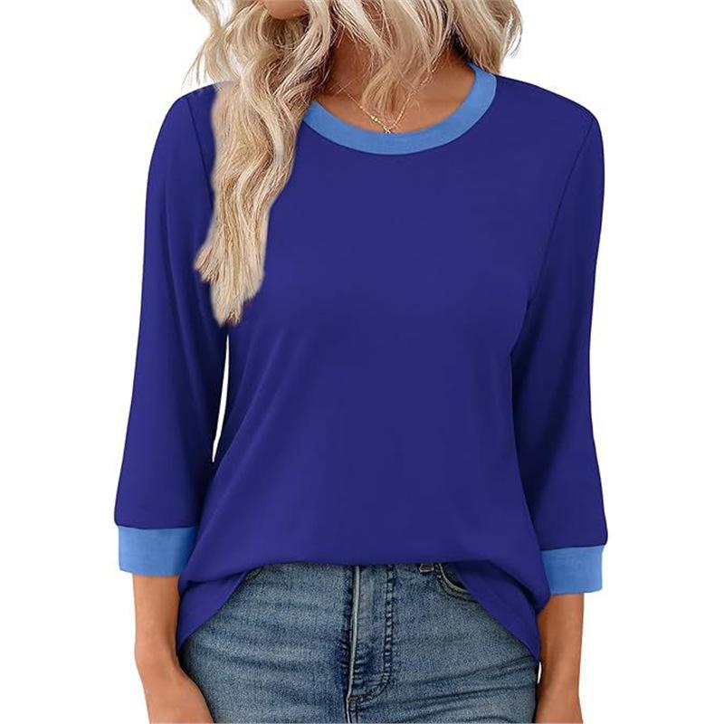 Spring Autumn O Neck Patchwork T-shirt Women Long Sleeve Casual Fashion All-match Bottomed Pullover Tee Top