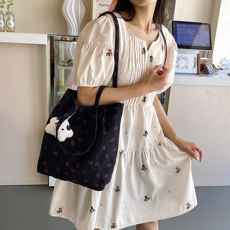 Versatile Corduroy Printed Tote Bag Student Class Make-Up Bag Large Capacity Shoulder Bag Strawberry Canvas Bag Bag