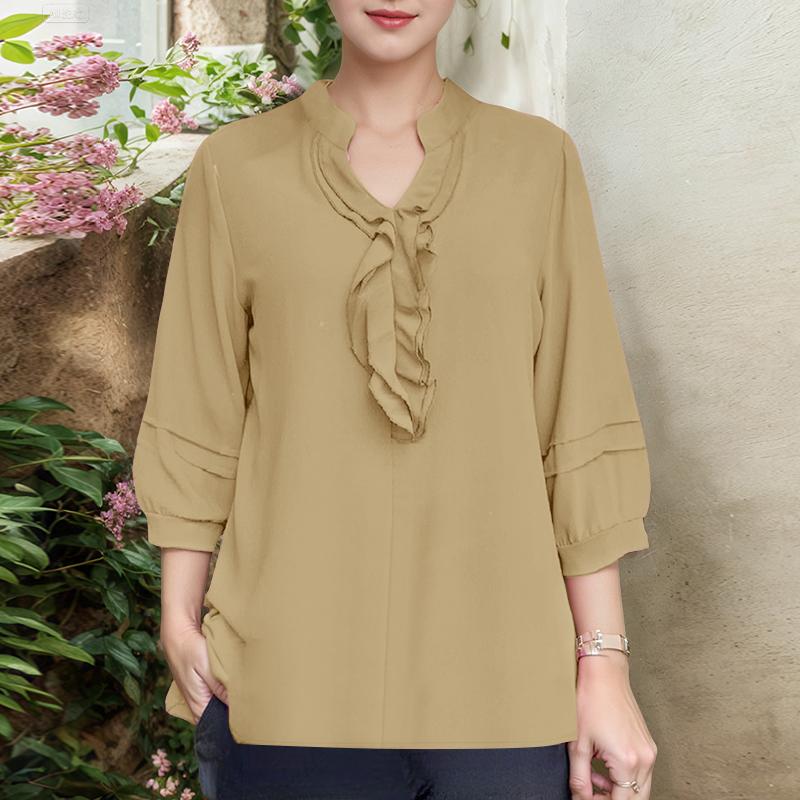 

ZANZEA Women Casual Ruffles V-Neck Loose 3/4 Sleeve Blouse 5XL
