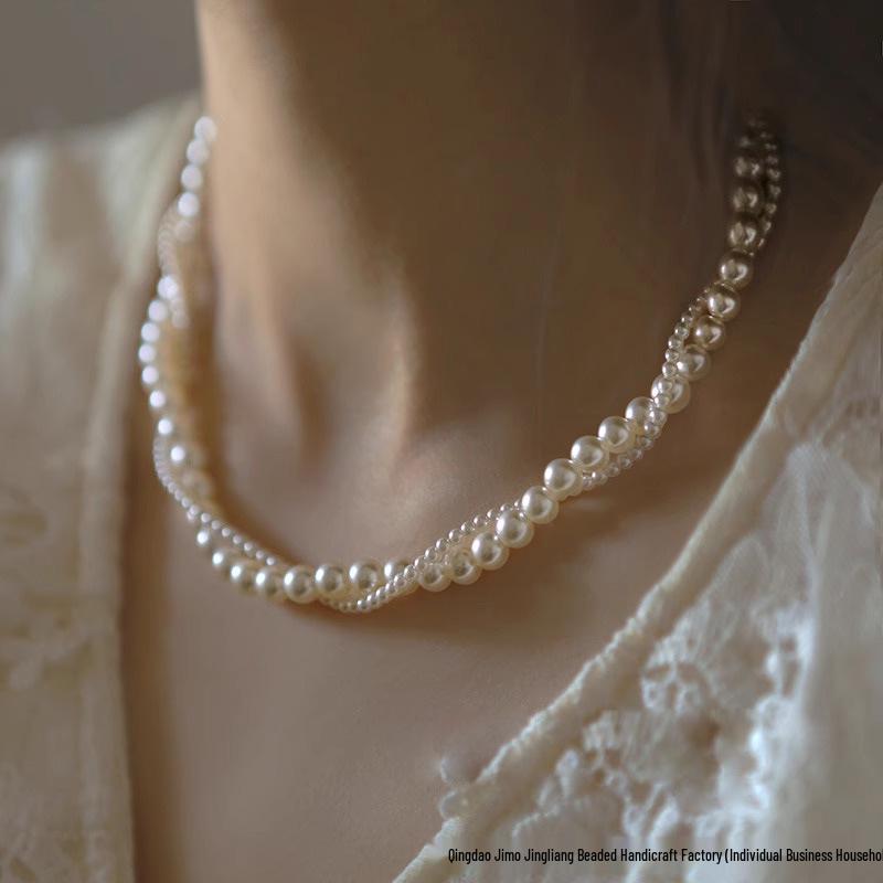 Double-Layer Imitation Pearl Necklace & S925 Silver Earrings Women's Set