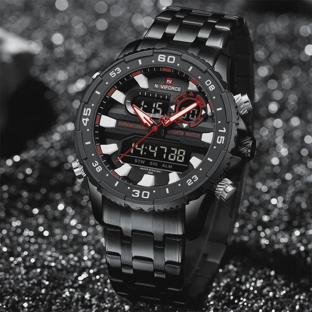 Fashion Golden Men Watch Multi-functional Quartz Wrist Watches Quartz Analog + LED Digital Movement Waterproof Steel Strap
