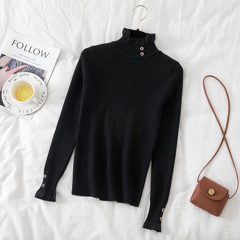 Koreanischer Mesh-Spleiß-Pullover Langarm Elastisch Weiße Oberteile Damen Herbst Winter Kleidung Slim Strick Weicher Pullover Knopf Halber Rollkragenpullover