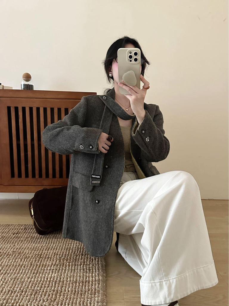 Petite Women's Two-Tone V-Neck Double-Sided Wool Coat for Autumn/Winter