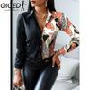 QICED Women's Fashion Casual Solid Color Print Long Sleeve POLO Neck Blouses & Shirts