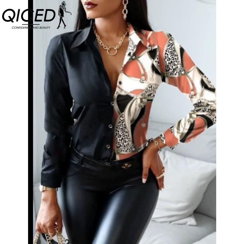 QICED Women's Fashion Casual Solid Color Print Long Sleeve POLO Neck Blouses & Shirts
