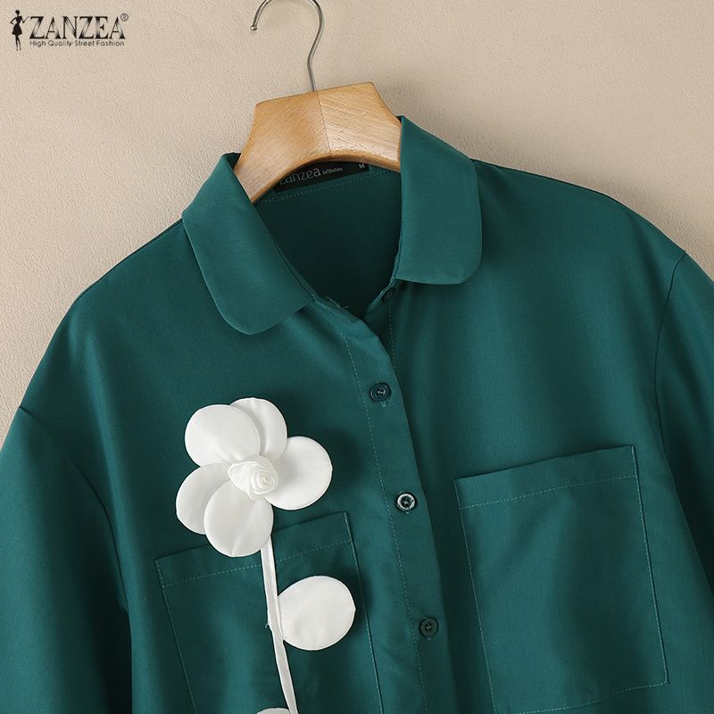 ZANZEA Women Casual Turn Down Collar Loose 3D Flowers Summer Half Sleeve Blouse