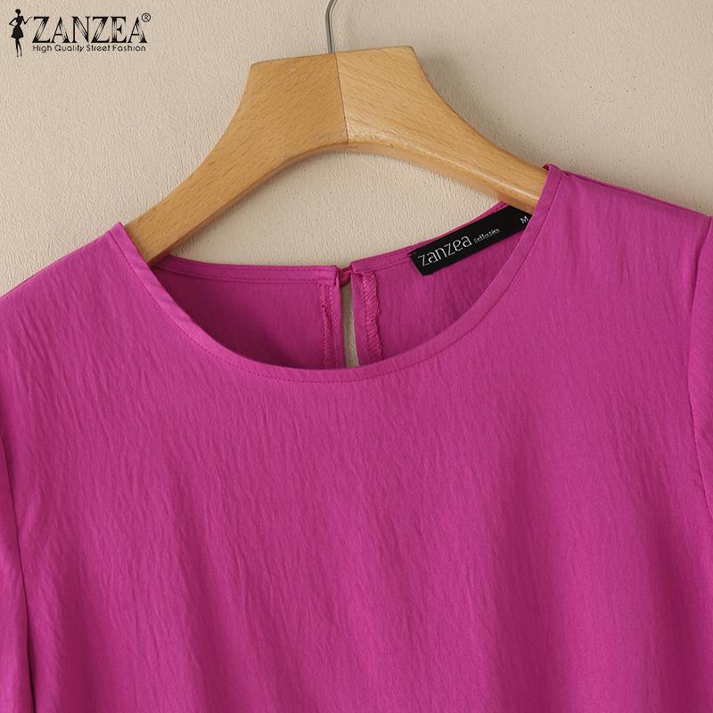 ZANZEA Lässige Bluse mit Rundhalsausschnitt, einfarbig, für den Sommer, kurzärmelig