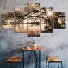 Vintage Tree Sun Rays Lake Scenery 5 Piece Canvas Wall Art Multi Panel Print Modern Nature Poster Home Decor Gift For Him For Her