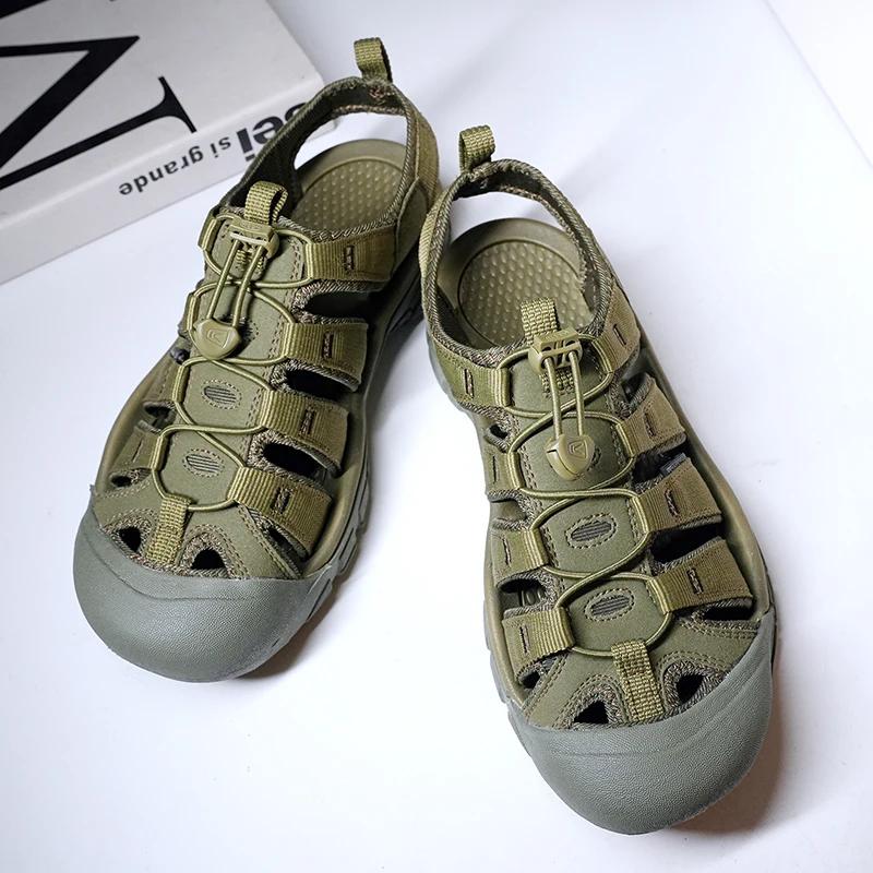 Fashion New Outdoor Quick Dry Male Sandals Hand-stitching Men's Summer Shoes Casual Leather Beach Flats Anti-collision Toe Roma Sandals